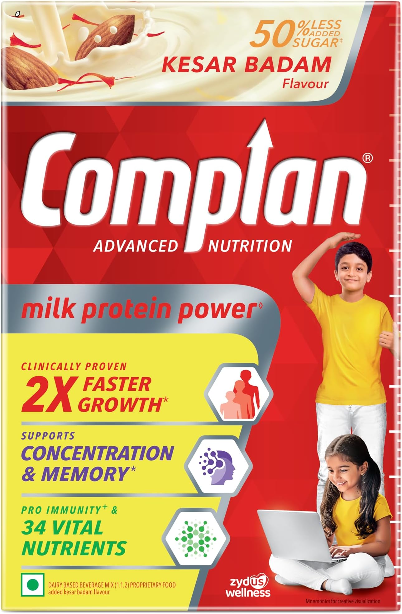 Nutrition Drink Powder for Children, Kesar Badam Flavour, 500 g Carton | Nutrition drink for kids with protein & 34 vital nutrients