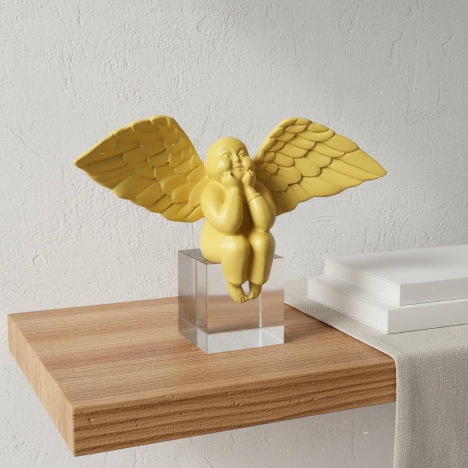 Statuetta Angelo Scultura Soprammobile Decorazione in Resina con Finitura Levigata E Posture Piegate Effetto Rilassante E Accogliente Adatta a Camera, Bianco