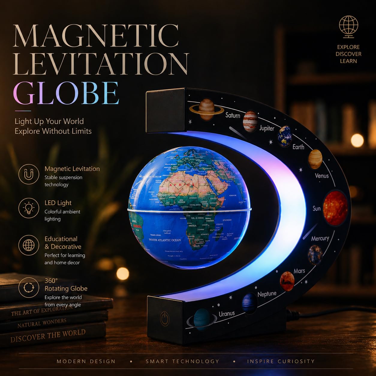 Globe Terrestre Magnétique en Lévitation Rotatif 3 Pouces avec Lampe Colorée, Cadeau Déco de Bureau Original pour Hommes, Patron ou Jouet Éducatif pour Enfants, Système Solaire 9 Planètes Astronomie