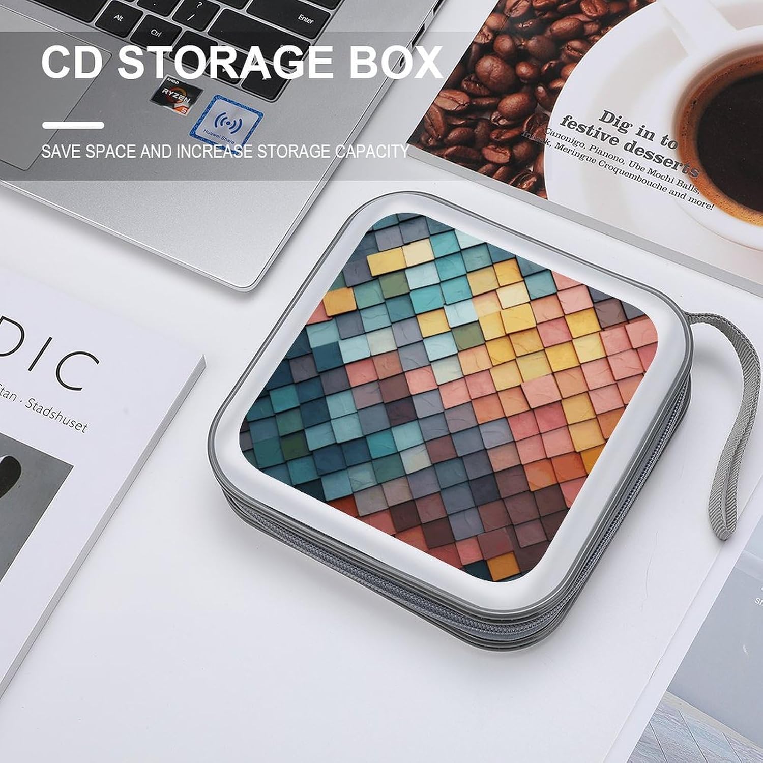 Colorful Tiles Texture Pattern CD Case 40 Capacity Hard Plastic DVD Case Portable Zipper CD Case Holder Disc Cases Storage Binder Large Storage Disc Wallet Bag for Car Home Office Travel image 4