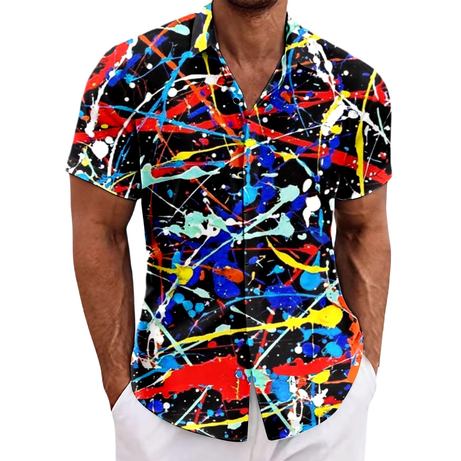 RUMAOZIA Men's Hawaiian Shirt 80s 90s Style Short Sleeve Carnival Fancy Dress Outfit 80s Shirts 90s Button Up Shirt Retro Hawaiian Beach Shirt Neon Disco Funny Party Shirts Colourful Vintage Shirts, O