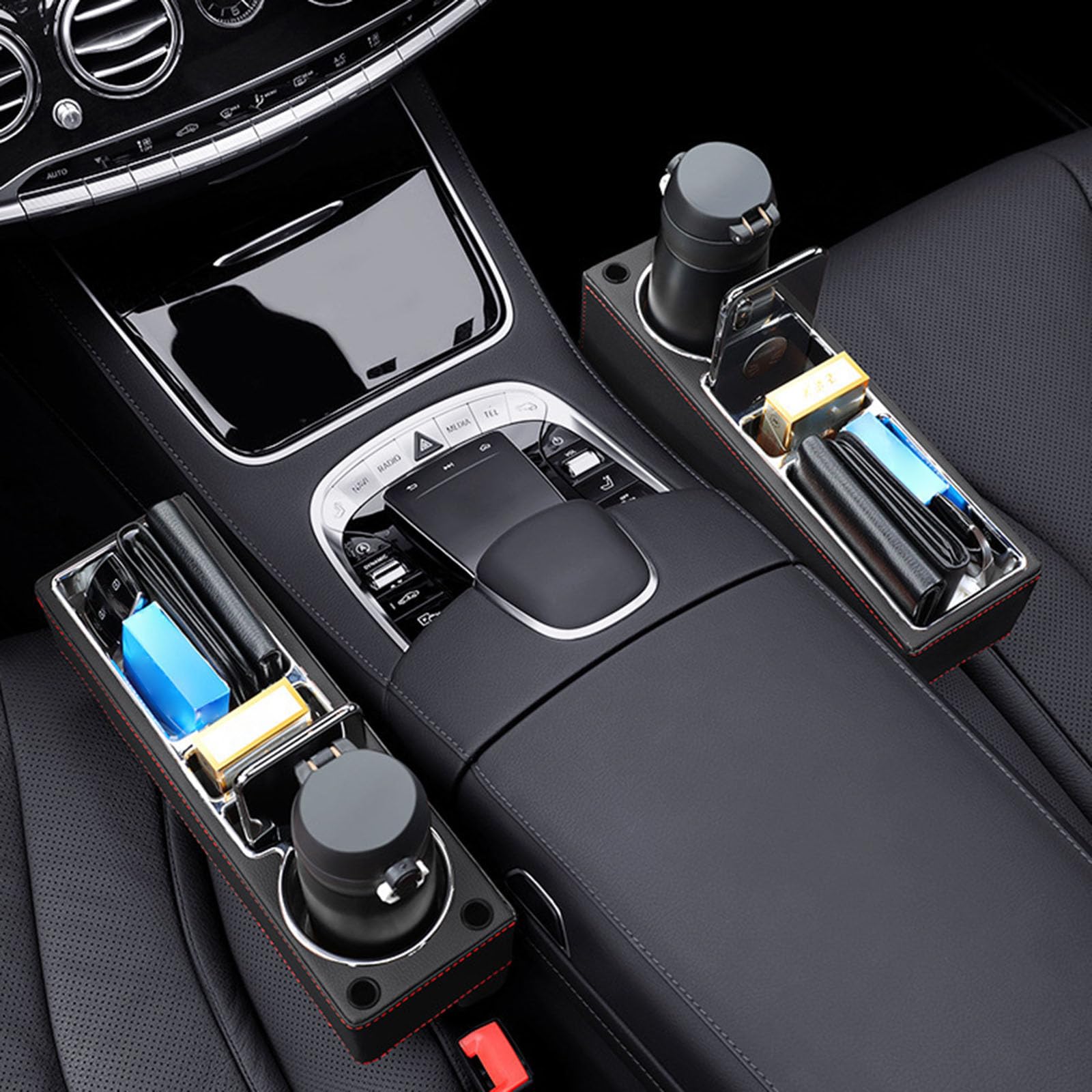 Funzionale unità portaoggetti per Auto in Pelle con Uso Combinato Come portabicchieri e Porta Oggetti Adatta a Molti Modelli seggiolini Auto