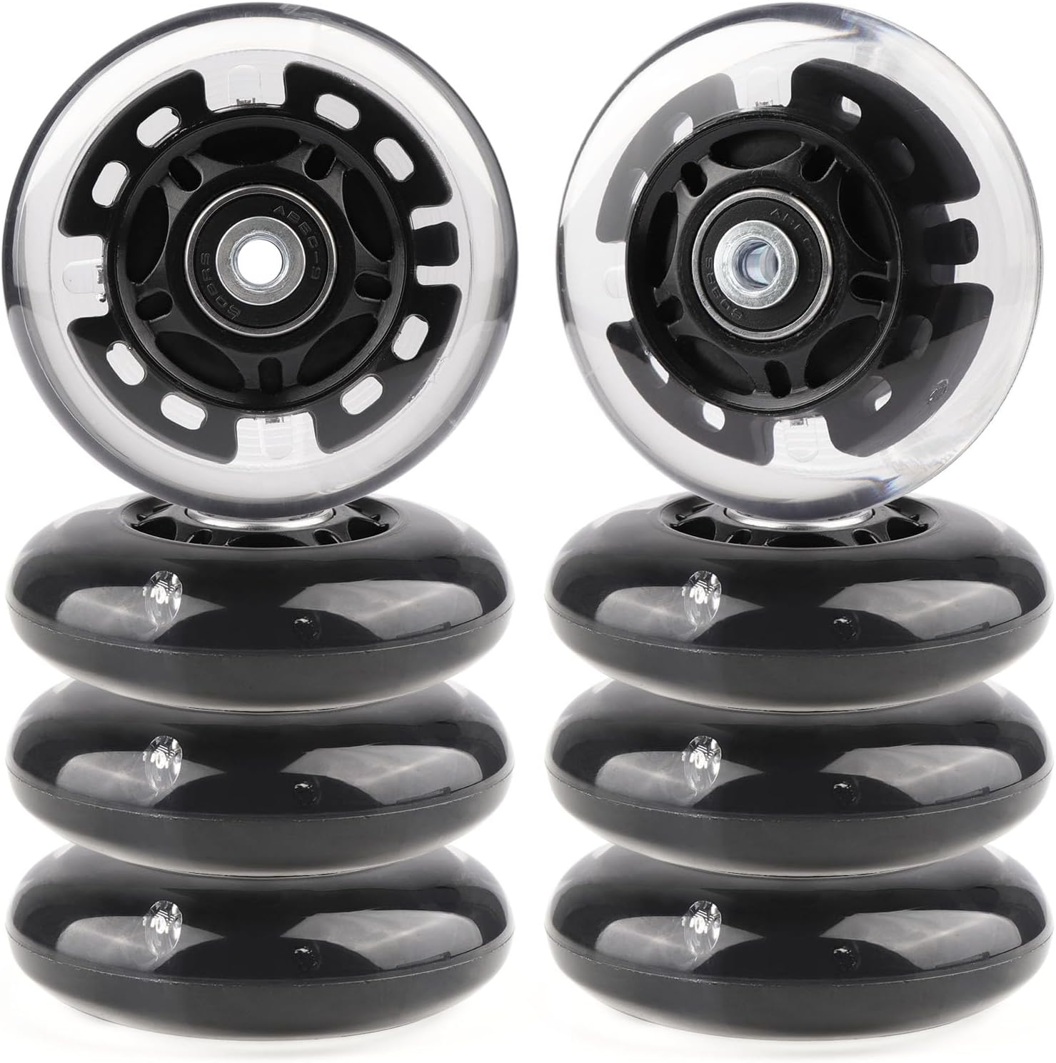 Inline Skate Wheels Light Up 85A Indoor Outdoor Replacement Wheels with ABEC-7 Bearings for Kids & Children Beginner Inline Skates, Pack of 8 (Black, 76mm)