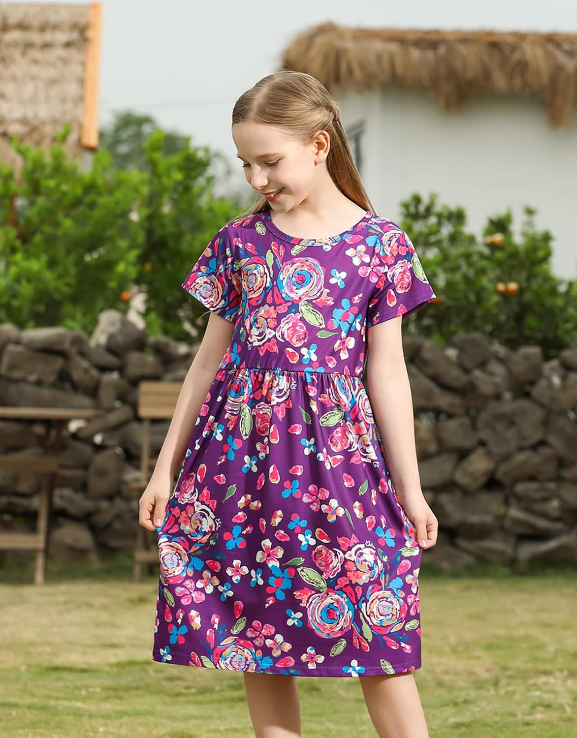 KYMIDY Girls Short Sleeve Floral Dress Kids Boho Casual Twirly Skater Dress with Pockets for Girls 6-13 Years - Image 3