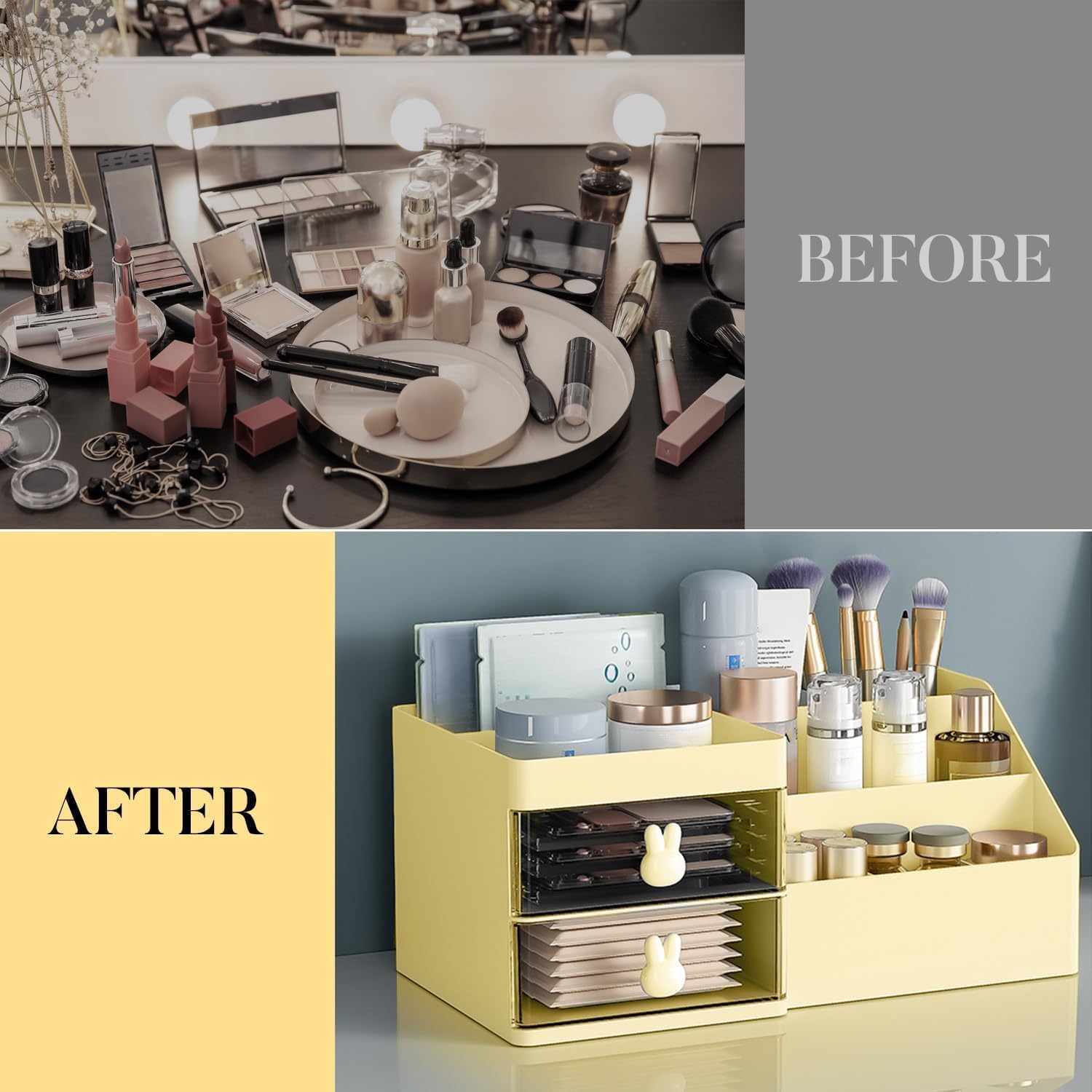 Makeup Organizer, Cosmetic Desk Storage Box with Drawers Skincare Organizers for Dressing Table, Countertop, Bathroom Counter, Vanity Holder for Brushes, Lotions, Lipstick, Perfume (Yellow-Clear) - Image 4