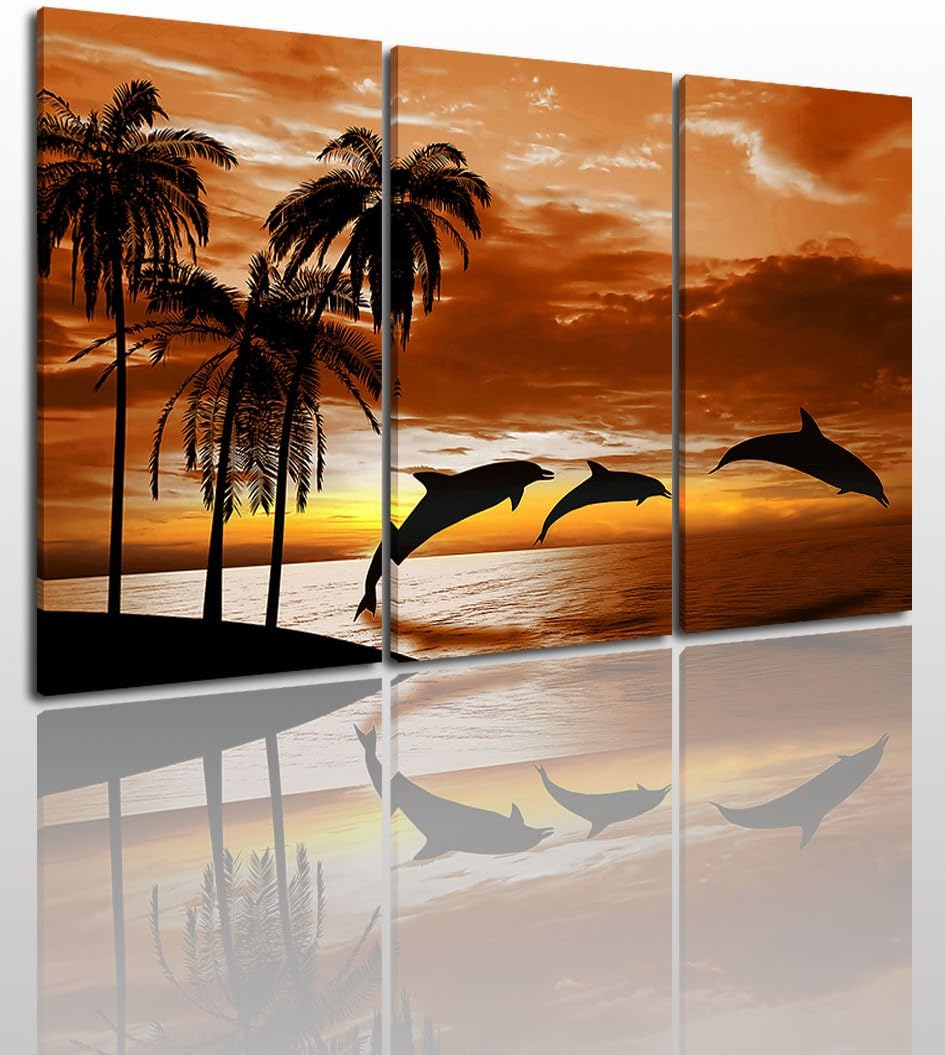 Beach Sunset Canvas Wall Art Painting Modern Design Picture for Home Office Decor - 3 Pieces Seascape Dolphin Plam Tree Framed On Wooden Frame Image Pictures Photo Artwork Decoration Ready to Hang