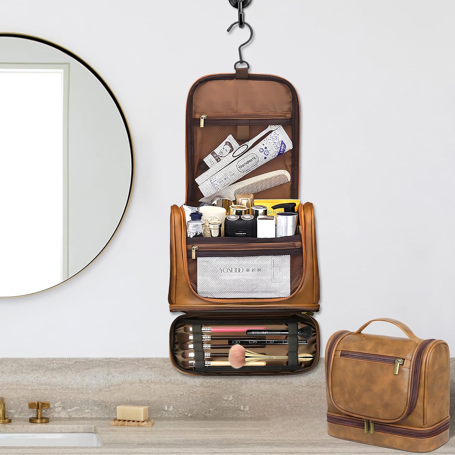 男性用旅行用トイレタリーバッグ PUレザー コスメティックオーガナイザー 防水 独立したコンパートメント付き 出張/ジム/キャンプ/