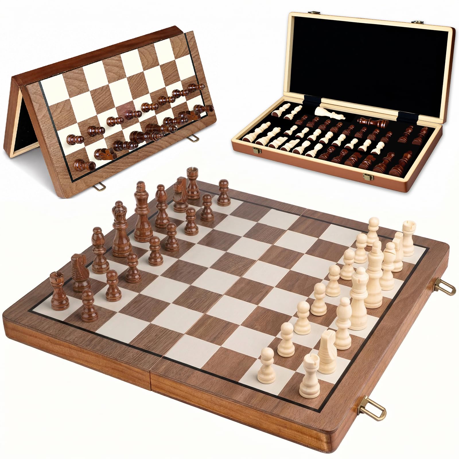 Amazing Pride® 15.5" Wooden Chess Set, Magnetic Chess Board for Adults & Kids, Foldable Travel Chess Set with 2 Extra Queen Pieces & Storage Bag, Chess Sets for Adults