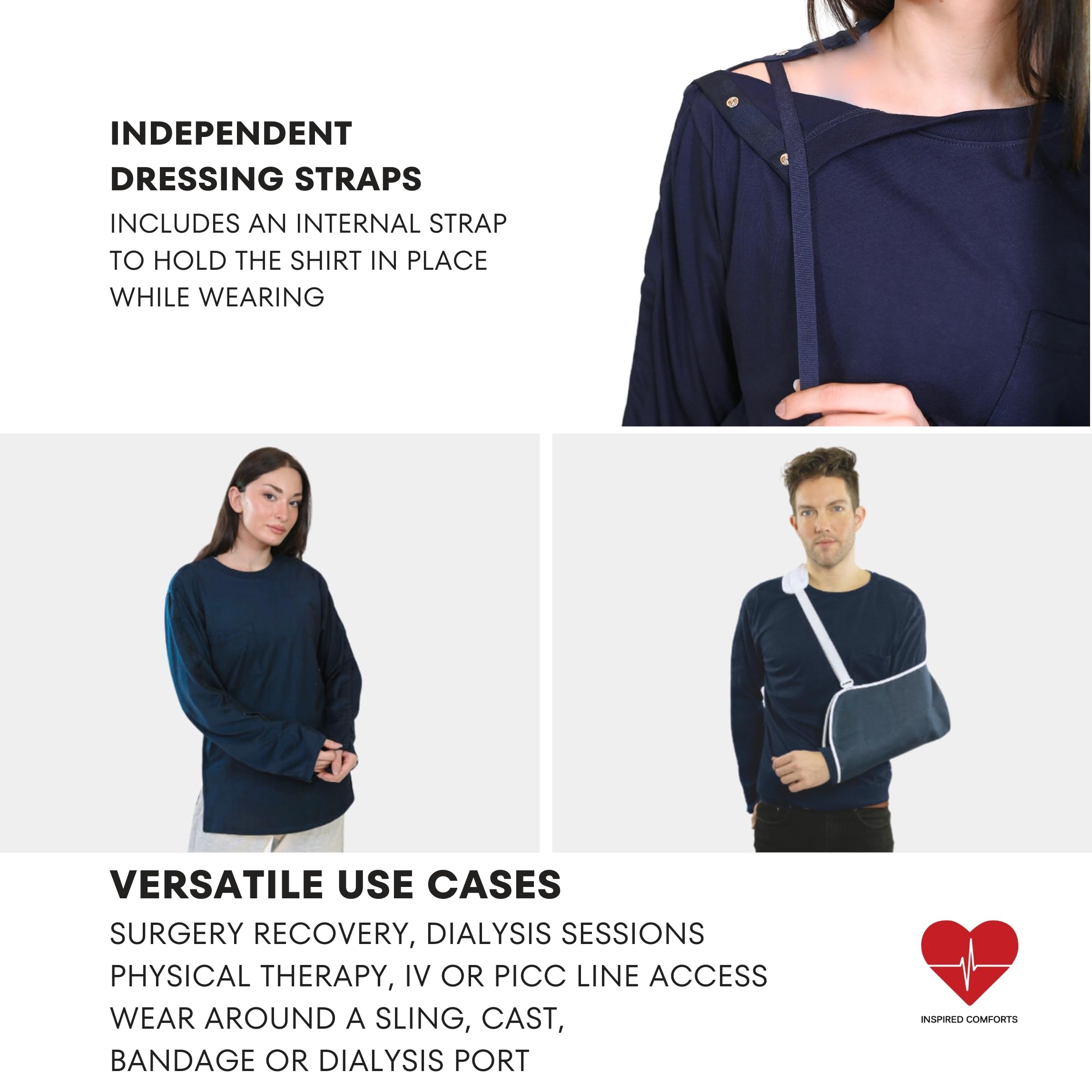 Inspired Comforts Langarmhemd für Dialyse und Chirurgie mit Verschlüssen an Schultern und Armen für Herren