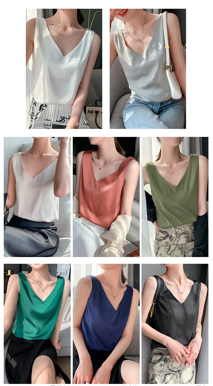 Camisola De Satén para Mujer, Camisola De Satén De Seda con Escote En V Profundo Sexy, Correa Ancha para El Hombro, Blusa Inferior Elegante Camiseta Sin Mangas De Verano Camiseta Sin Mangas,Avocado