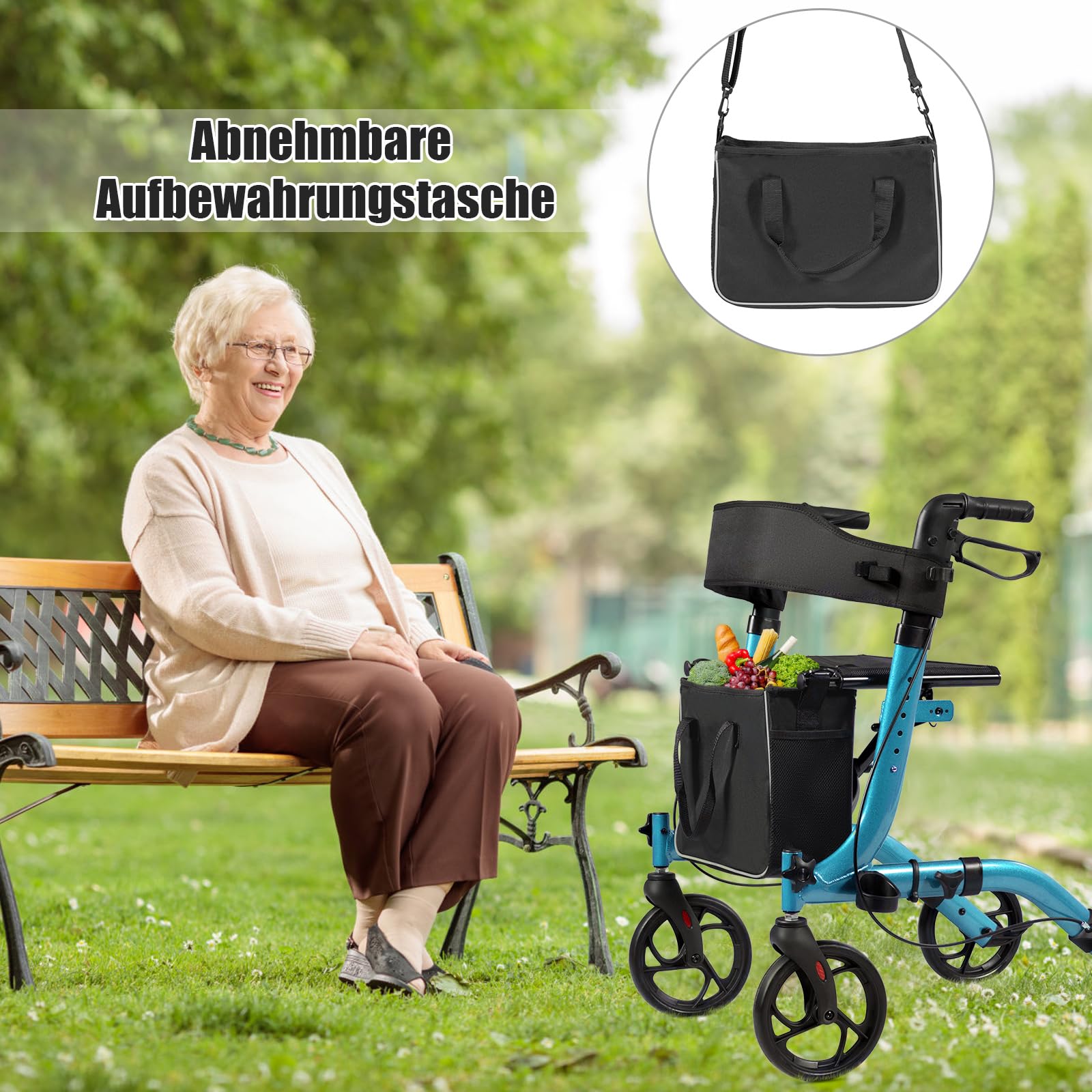RELAX4LIFE Aluminium Rollator Faltbar und Leicht, Gehhilfe für Senioren mit Sitz & Rückenlehne, Rollatoren Schmal für Wohnung, höhenverstellbaren Griffen & Aufbewahrungstasche, bis 136 kg (Blau)