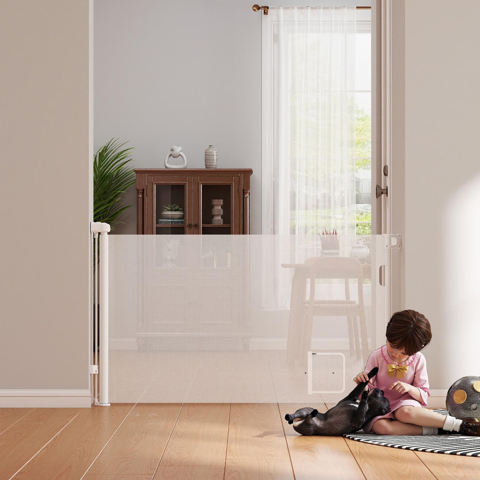 Barrera de seguridad infantil extensible retráctil – Barrera de escalera infantil y perro para interior/exterior, pasillos, con gato cueva (180 cm)