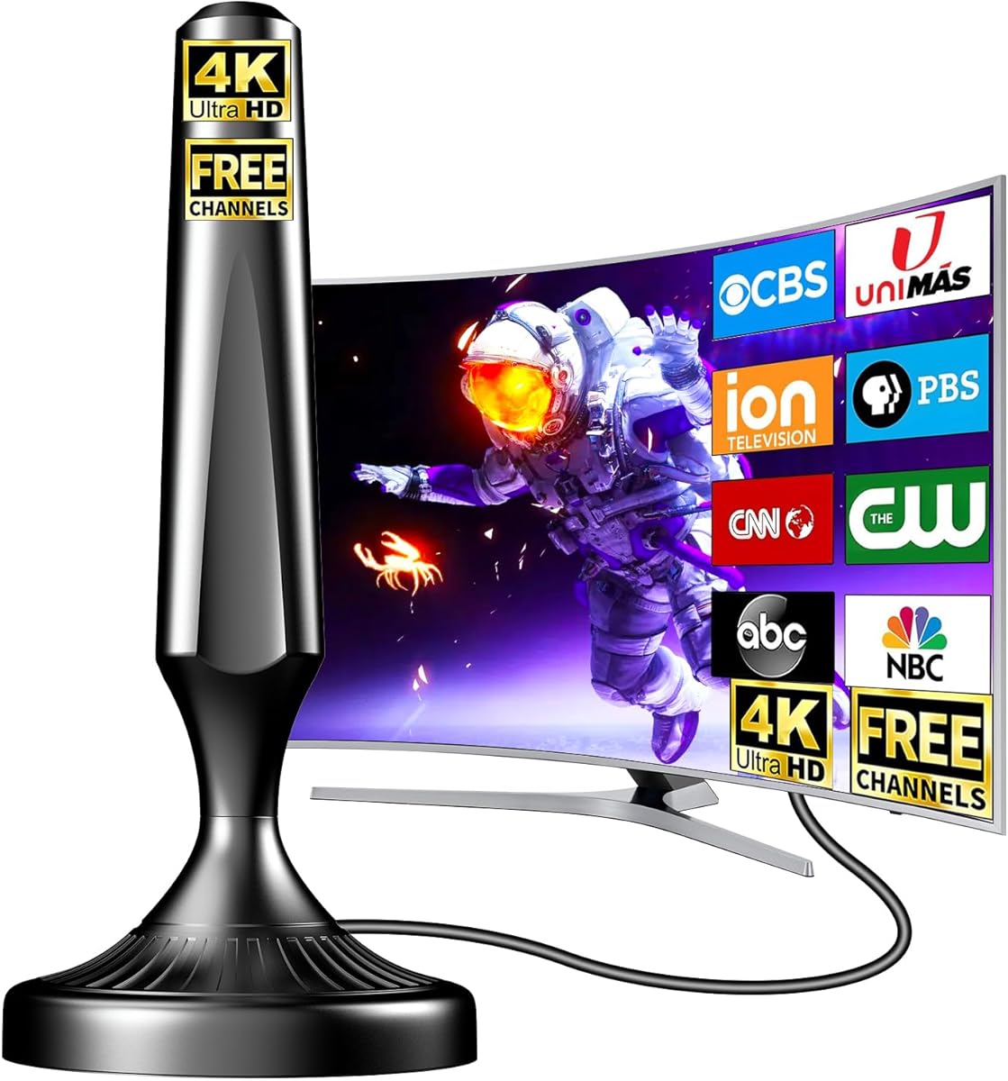 Indoor TV Antenna for Canada Local Channels, Long Range 360° Reception TV Antenna with Magnetic Base, Supports 4K 1080p UHF VHF, Free CBC CTV Global Channels for Smart & Old TVs, No Monthly Fee