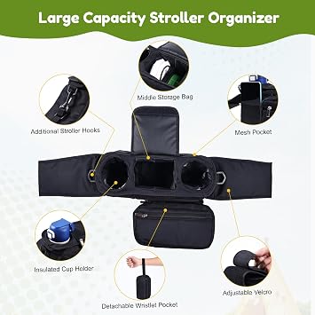 Hranio Pram Bag Organiser with Cup Holder for Pram Accessories, Pushchair Organiser, Baby Essentials, Large Capacity, Shoulder Strap & Non-Slip Secure Hooks, 3 Insulated Cup Holder