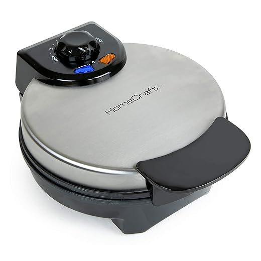 Nostalgia HomeCraft 10 inch Round Stainless Steel Electric Belgian Thick Waffle Maker, Non Stick, Die Cast Aluminum, Easy to Clean