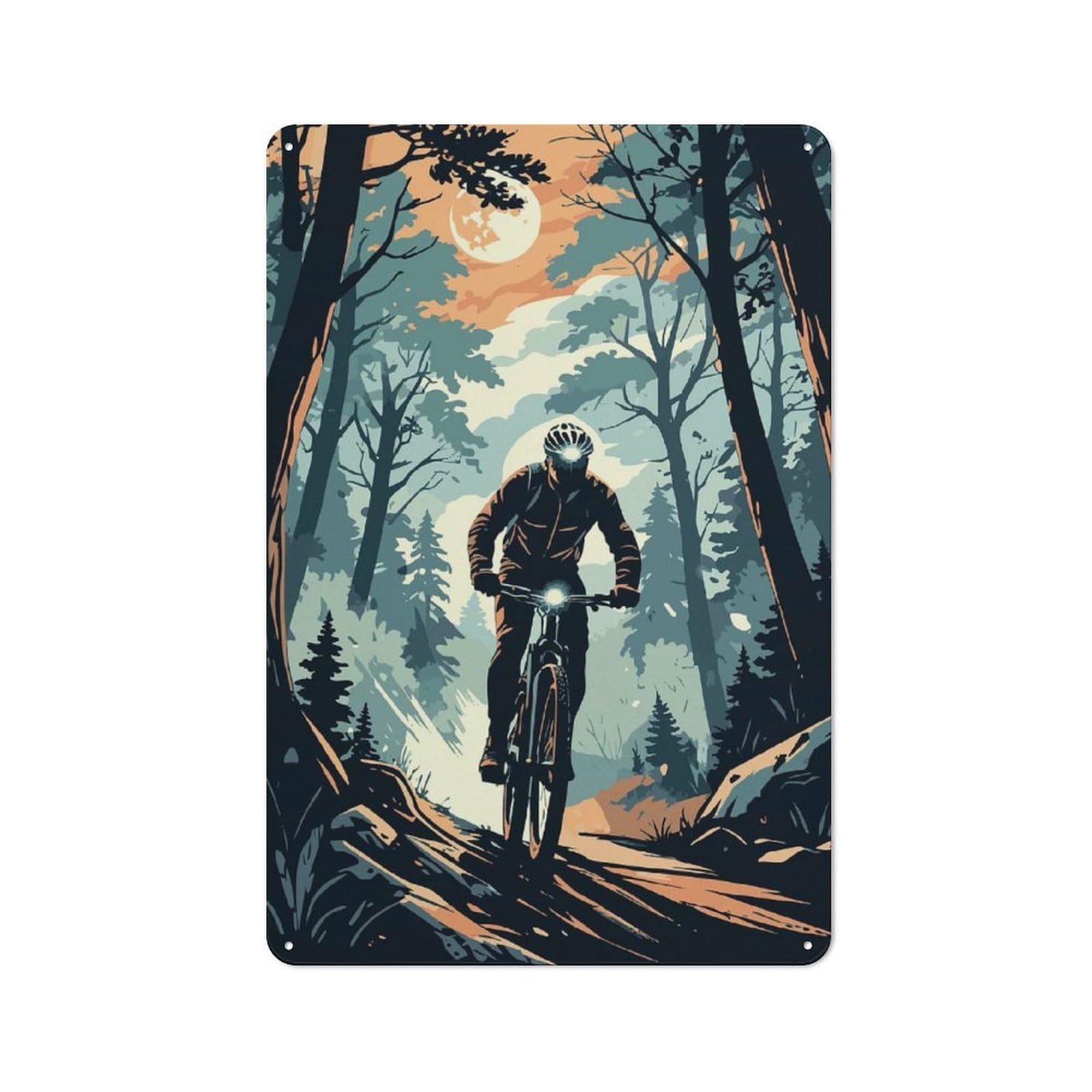Junmoney Style-18 Metal Sign 30X20cm With Mountain Biker In Forest Illustration For Hallway Wall, Retro Decor, Gift For Hallway Decor Lovers During The Christmas Season