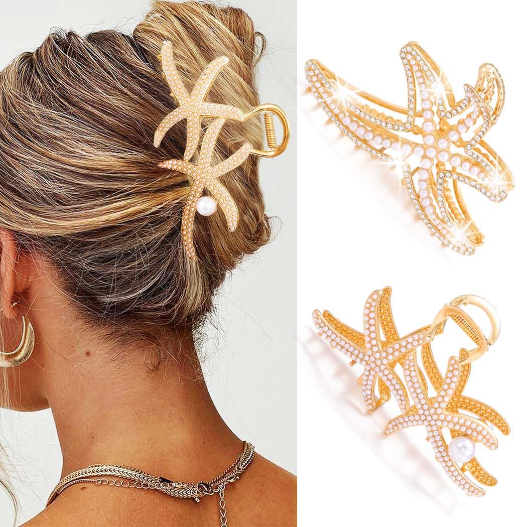 Starfish Claw Clips Gold Large Metal Hair Clips Rhinestone Beach Hair Accessories for Women and Girls