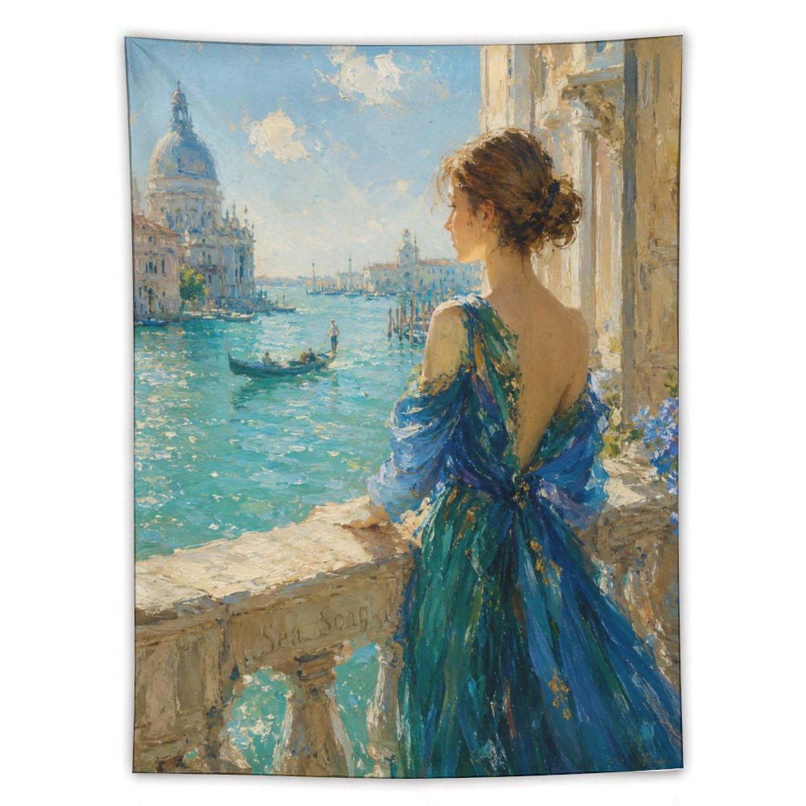 H3B8U2Y5 Woman by Venetian Water Wall Tapestry, Oil Painting, Dorm Room