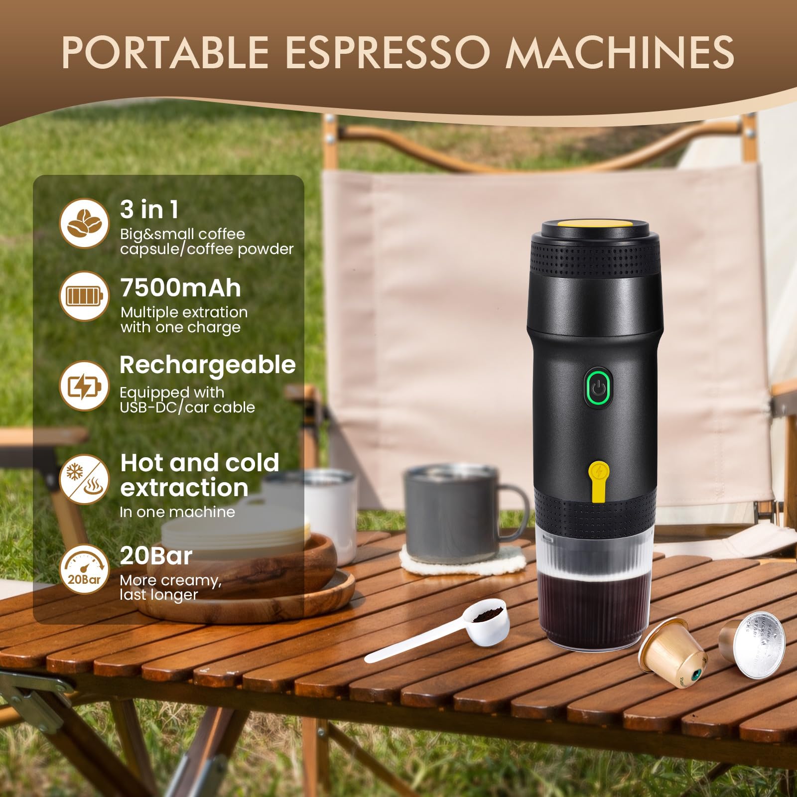 LAMA Machine à expresso électrique à capsules - Mini machine à café portable - Compatible avec capsules de café/poudre, Chauffage instantané pour voiture et extérieur - Noir
