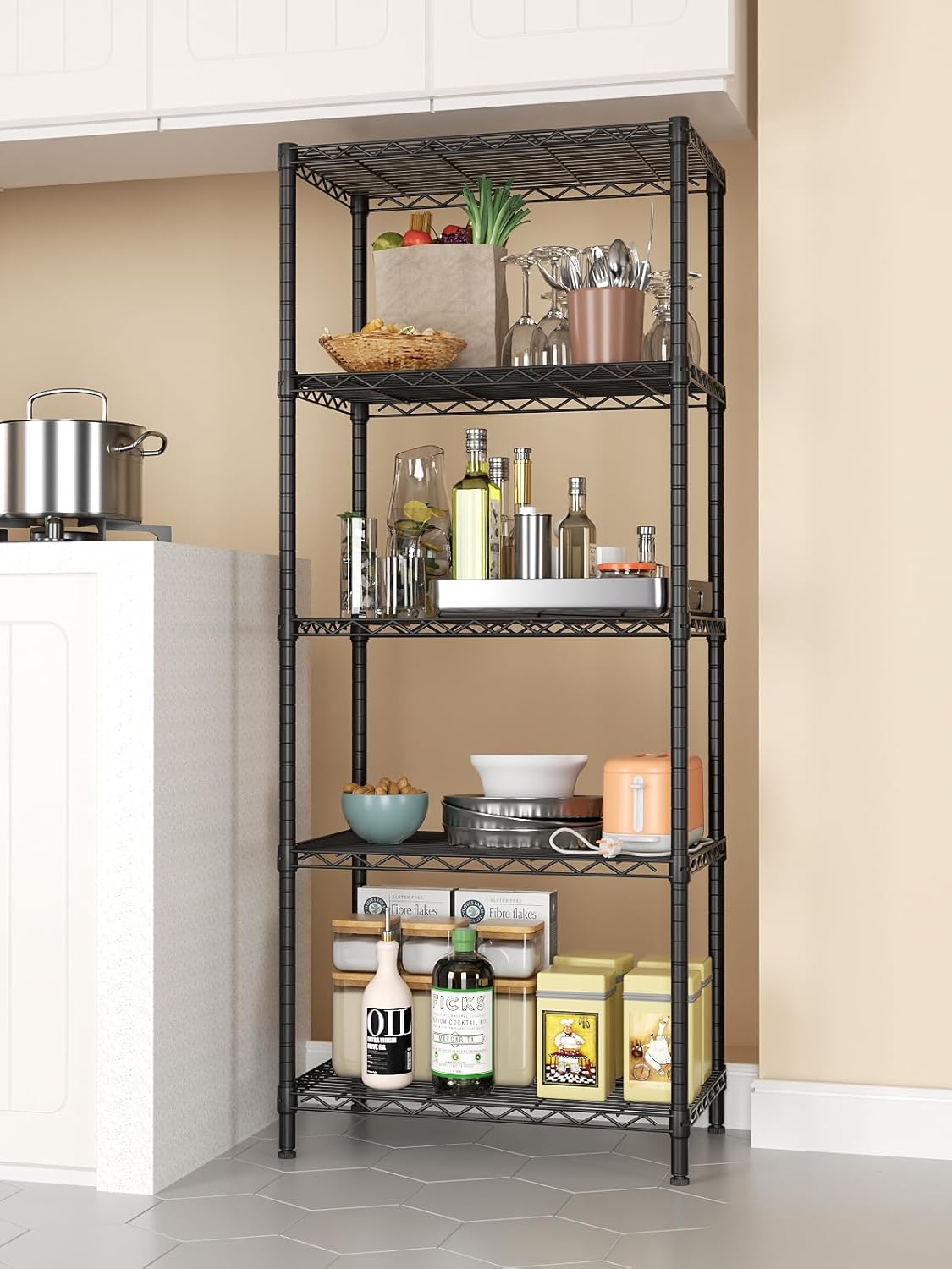 SINGAYE 5 Tier Storage Shelves Wire Shelving Unit Shelve Metal Kitchen Laundry Room Organization Home Pantry Closet Bathroom Organizers Garage Rack Estantes para Cocina 14" D x 24" W x 59.5" H Black - Image 2
