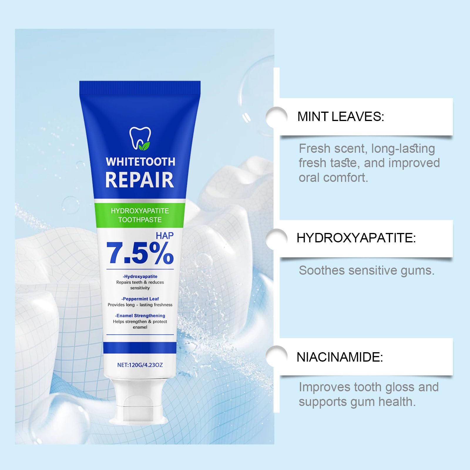 Dentifrice Nano Hydroxyapatite, Dentifrice Réparateur d'émail, Pour Dents Sensibles,Sans Fluor,Pour la Protection de l'émail et le Renforcement des Dents,Nettoie et Soigne la Santé Bucco-Dentaire (4)