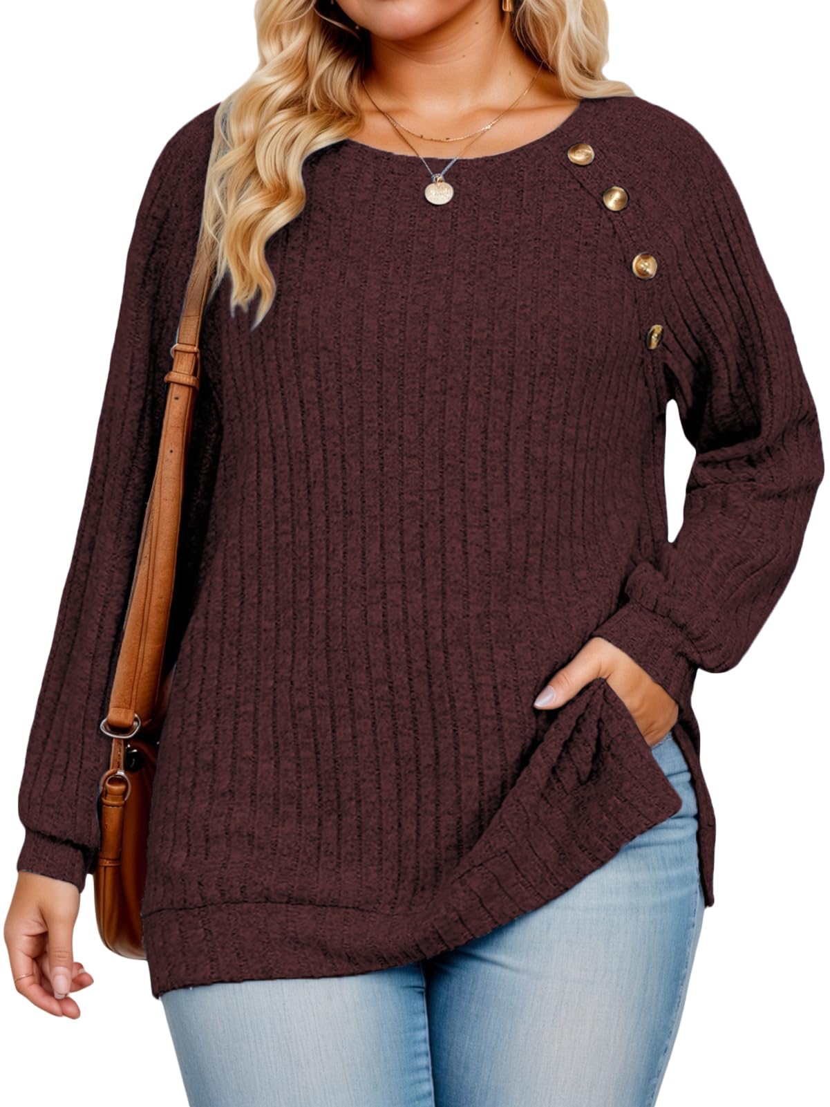 VISLILY Womens-Plus-Size-Tops Casual Long Sleeve Shirts Trendy Button Decor Tunics Lightweight Sweaters Side Split Blouses