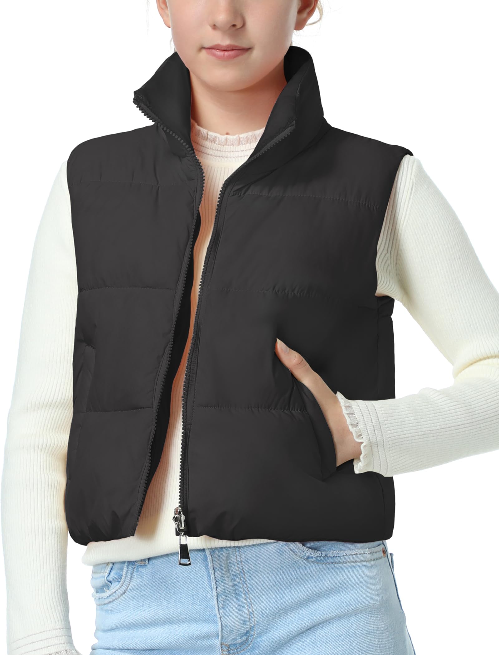 EXARUS Girls Puffer Vest Cropped Puffy Teen Water Resistant 6-14Y
