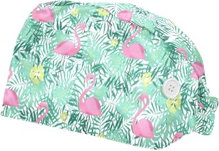 Pink Flamingo and Palm Leaves 2 Pack Adjustable Working Cap with Buttons Elastic Bouffant Hats Head Scarf with Sweatband for Women Men