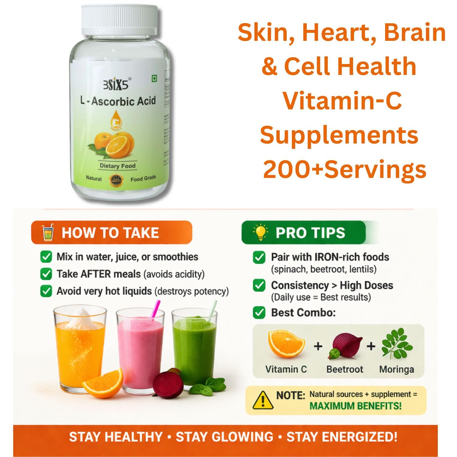 3SIX5 Vitamin C Powder (L-Ascorbic Acid) 100% Edible Food Grade | Immunity Booster, Skin Glow & Collagen Support | Antioxidant Supplement | No Additives (200gm) — Amazon image 2