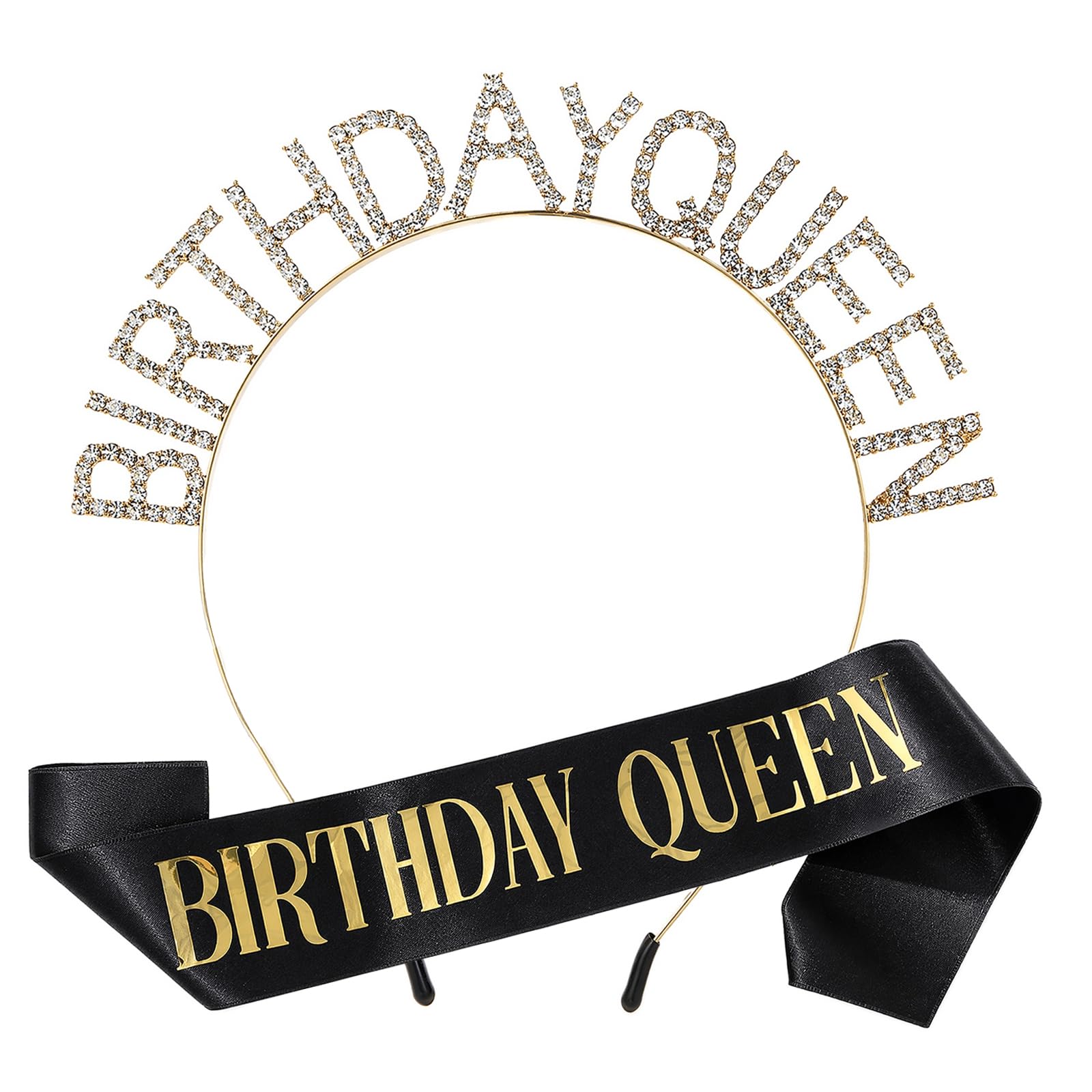 Birthday Crown and Sash for Women Set, Rose Gold Rhinestone Tiara, Birthday Girl Headband, Queen Party Accessories for Adult Celebration