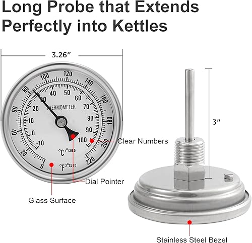 Miniatura 3 de Termómetro de acero inoxidable para elaboración de cerveza casera, 12 NPT con tuerca de bloqueo y junta tórica (cara de 3 pulgadas)
