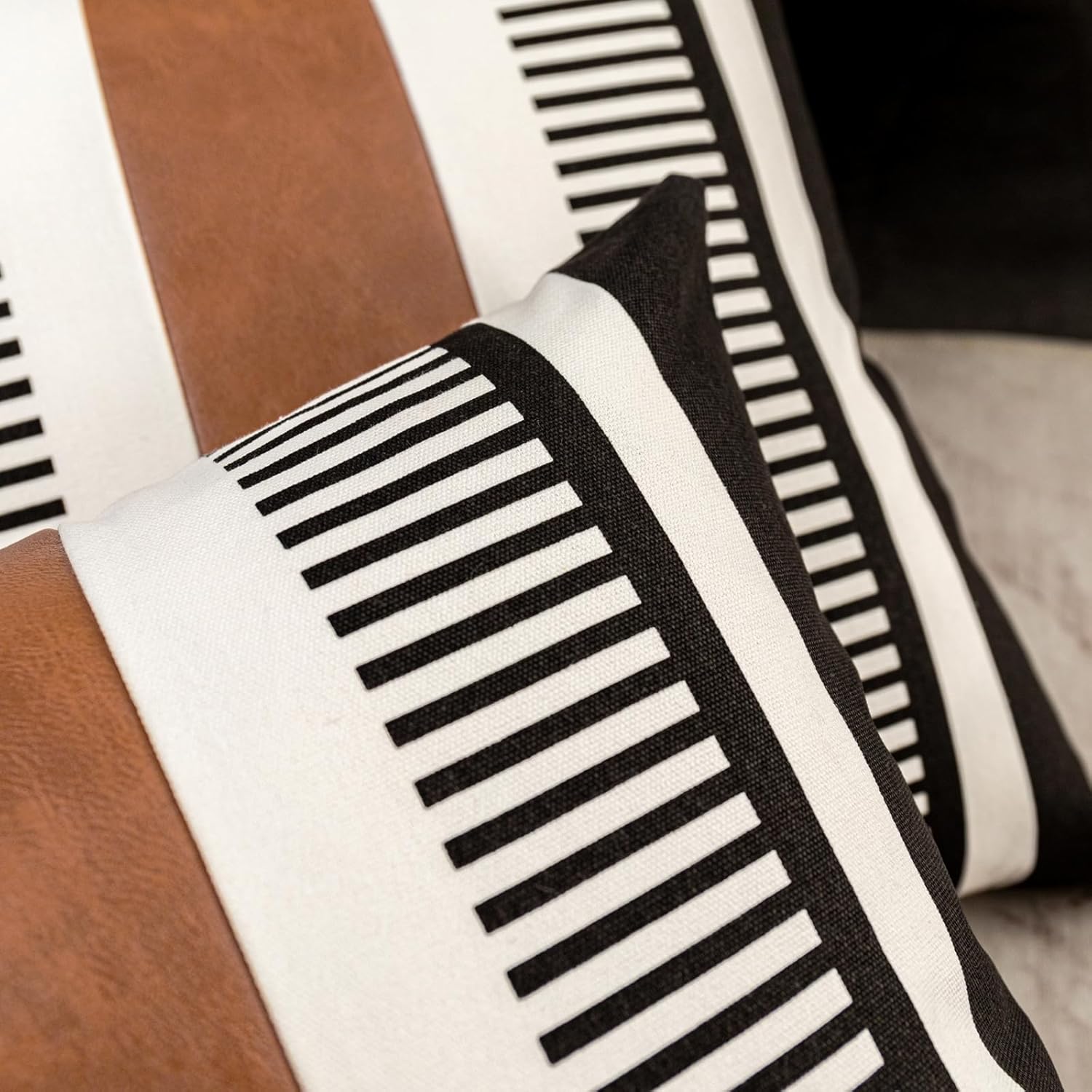 Set of 2 Black White Boho Pillow Cover with Leather Modern Couch Pillow Covers 22x22 inch Farmhouse Stripe Pillowcase for Couch Bed, Black