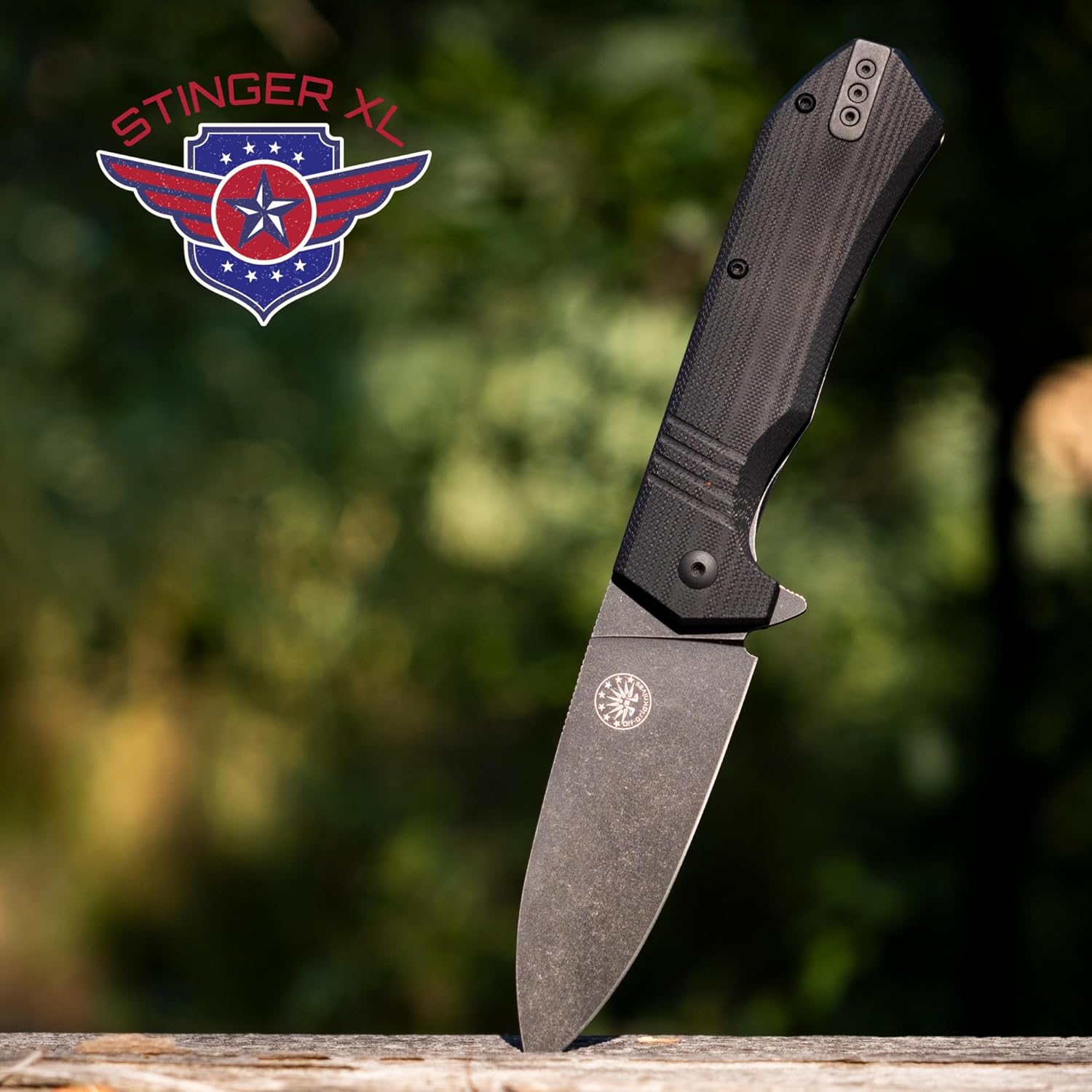 Off-Grid Knives - STINGER XL Folding Knife, 154CM Steel, Full Flat Grind, G10 Scales, Ceramic Bearings, Drop-Shut Action, Deep Pocket Clip, Left or Right Hand Carry, Camping & Tactical Use (Blackout)