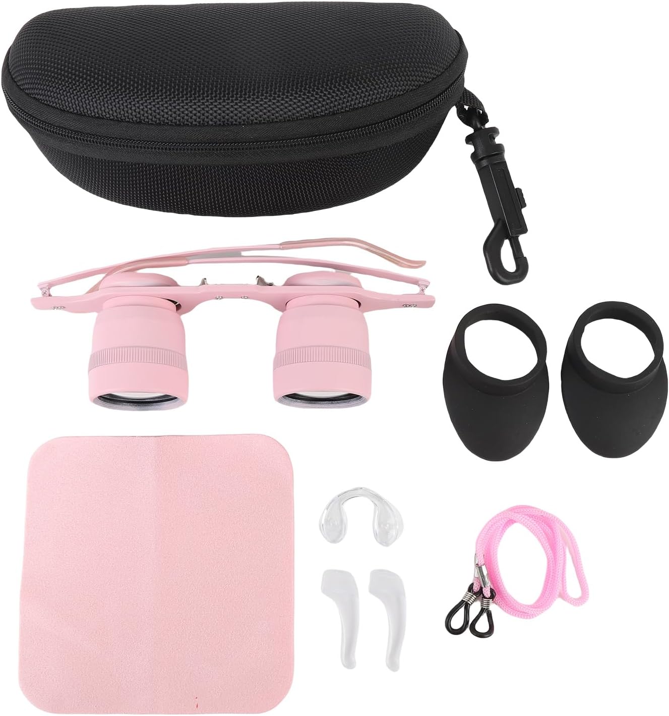 All components included in the PUSOKEI 10X Hands-Free Binocular Glasses package