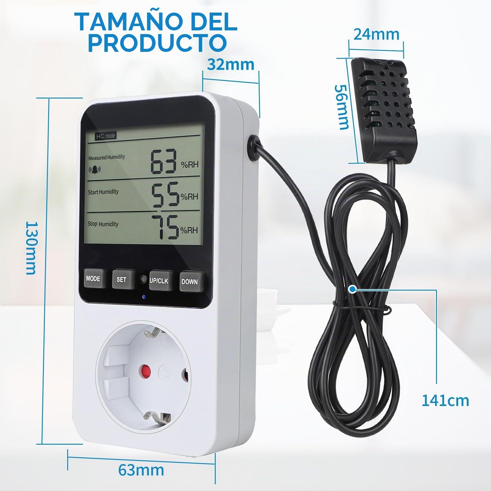 SWAWIS Enchufe termostático, regulador de temperatura y humedad, 230 V, con sonda higrostato digital, enchufe con alarma para humidificador y deshumidificador