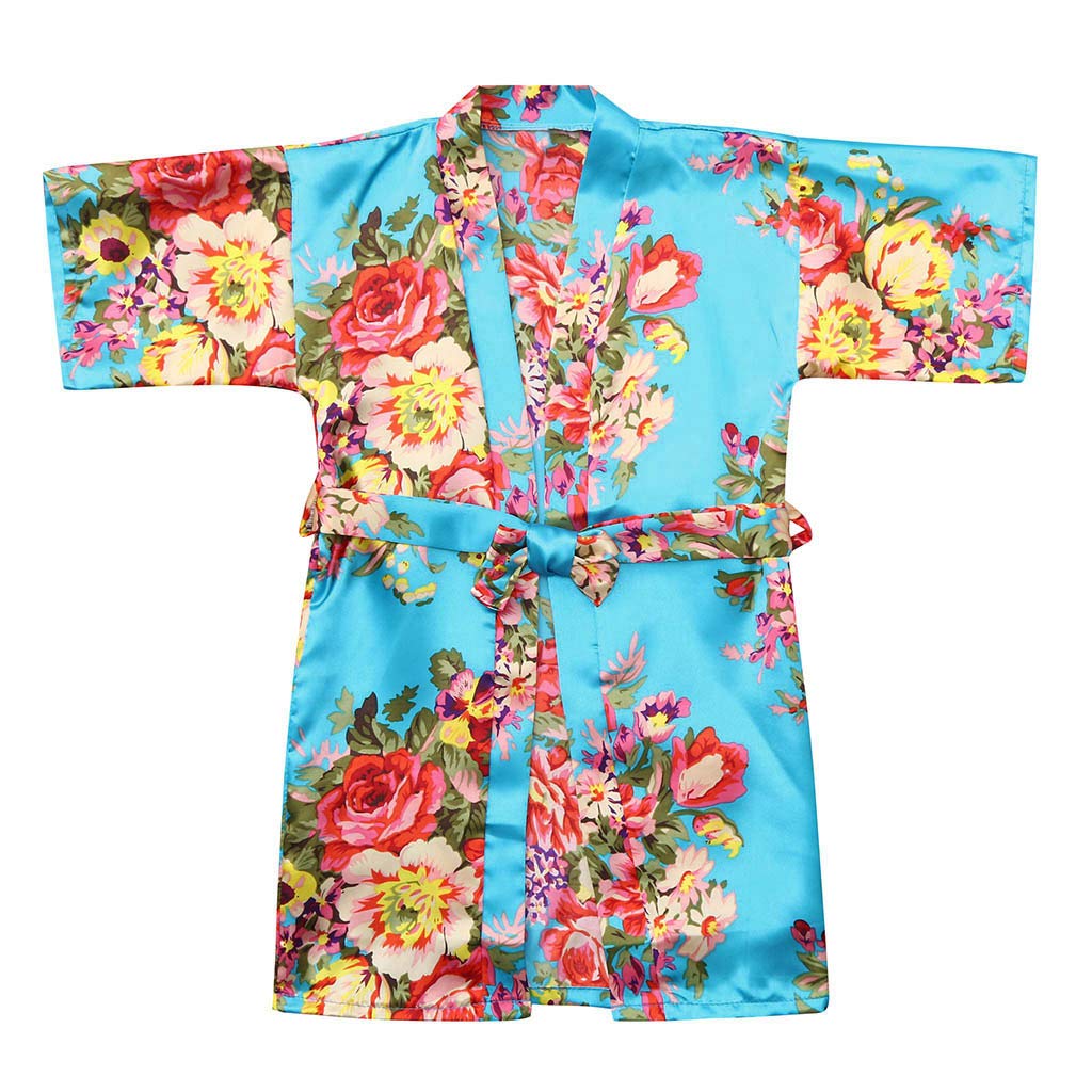 Toddler Girls Bathrobes Solid Silk Satin Kimono Bath Robes Baby Kid Cute Dressing Gown Long Sleeve Floral Sleepwear Clothes Soft Pajamas Nightwear Towel Wrap Shower Gift 2-8 Years Old