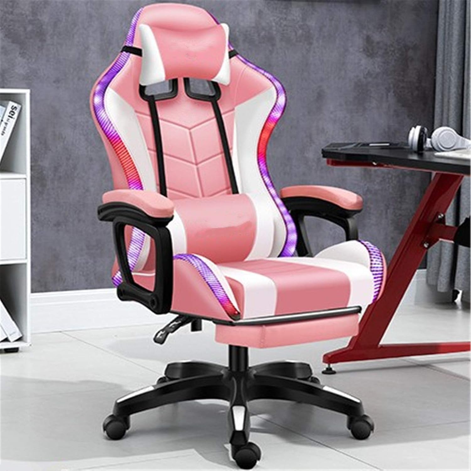 Gaming Chair, Internet Cafe Game Chair, Sports Swivel Chair, Waist Comfortable Seat Computer Chair Backrest Recliner Seat Game Race Chair for Desk Work Color Pink, Size One Size