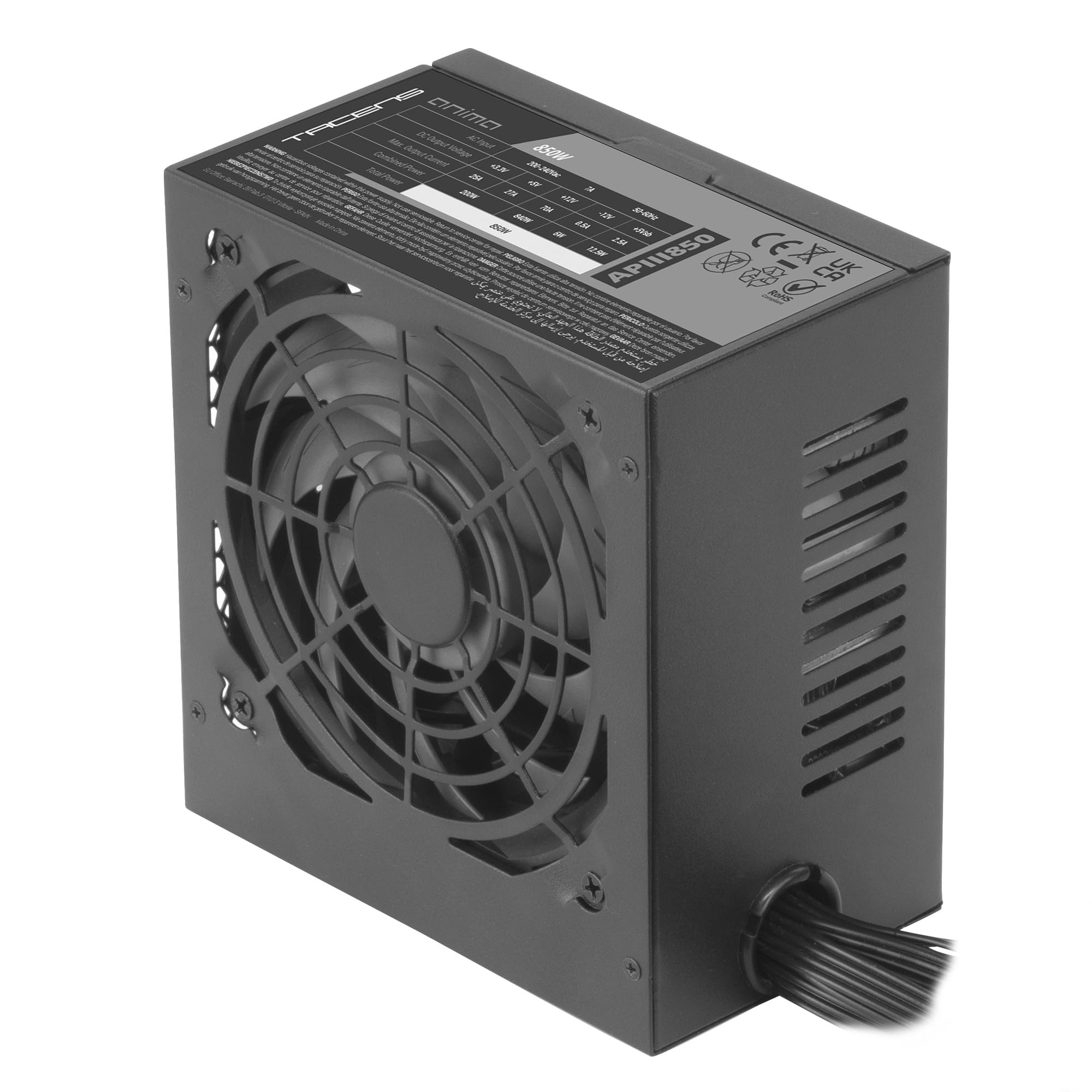 TACENS ANIMA APIII850, Alimentatore ATX 850W, Tecnologie SMD e DC-DC, 85% Efficienza 12V, Ventola Ultra-silenziosa 12cm, Condensatori Giapponesi 105º, Cavi in fibra di carbonio, Nero