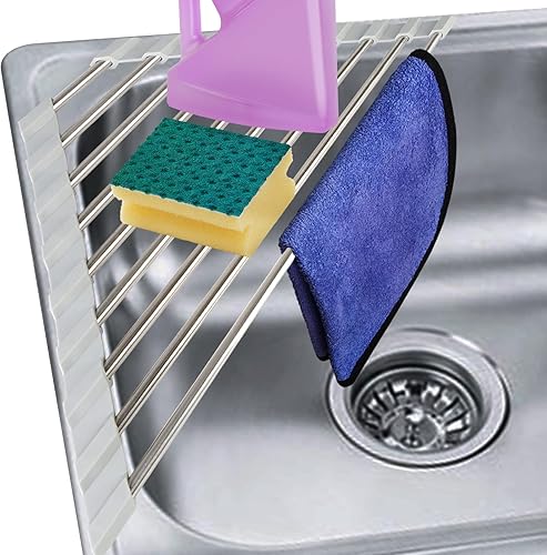 Miniatura 1 de YOECO Estante de secado de platos enrollable triangular, organizador de acero inoxidable 304, ahorro de espacio para escurridor de cocina y soporte