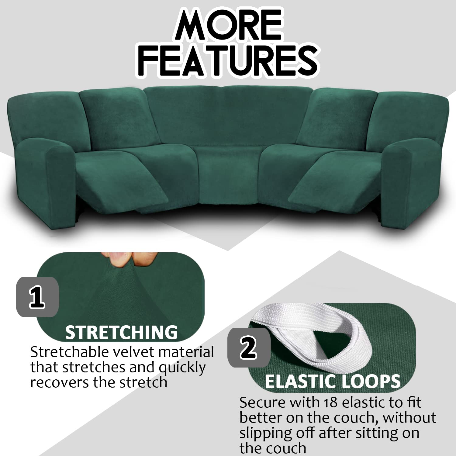ULTICOR 7-Piece L Shape Sectional Recliner Sofa Covers, Velvet Stretch Reclining Couch Covers for Reclining L Shape Sofa, Thick, Soft, Washable (Retro Green, L Shape 5 Seat Recliner Cover)
