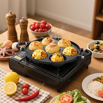 WUWEOT Aebleskiver Pan, Non Stick Appe Grill, 3.15 Appam Maker Griddle, Aluminium Pancake Octopus Ball Half Sphere Pan with 2 Side Handle and Glass Cover Lid