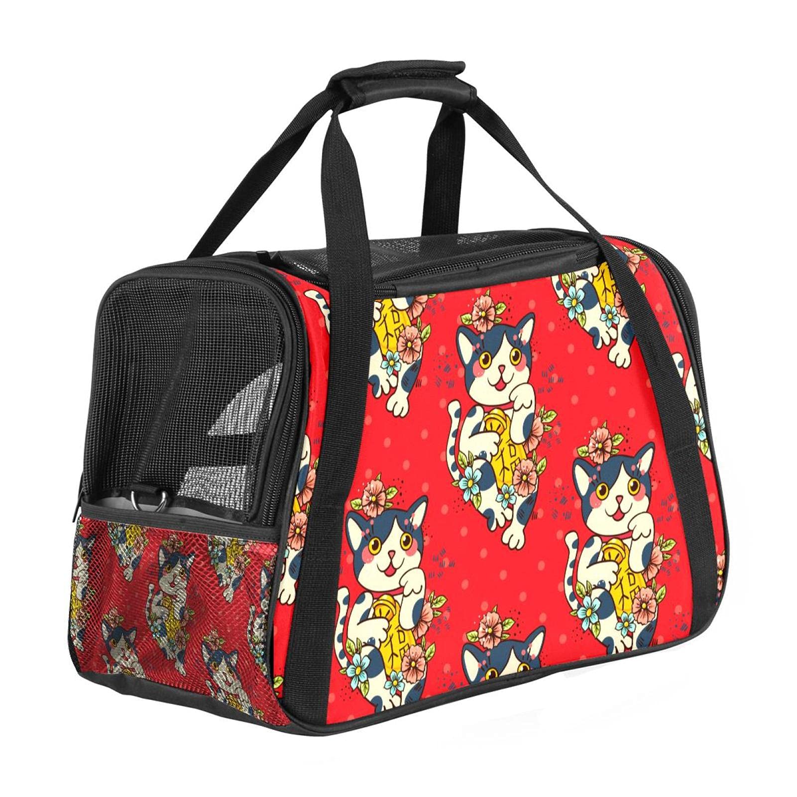 Sac de transport pour chat motif fleurs rouges idéal pour voyager en avion avec votre animal