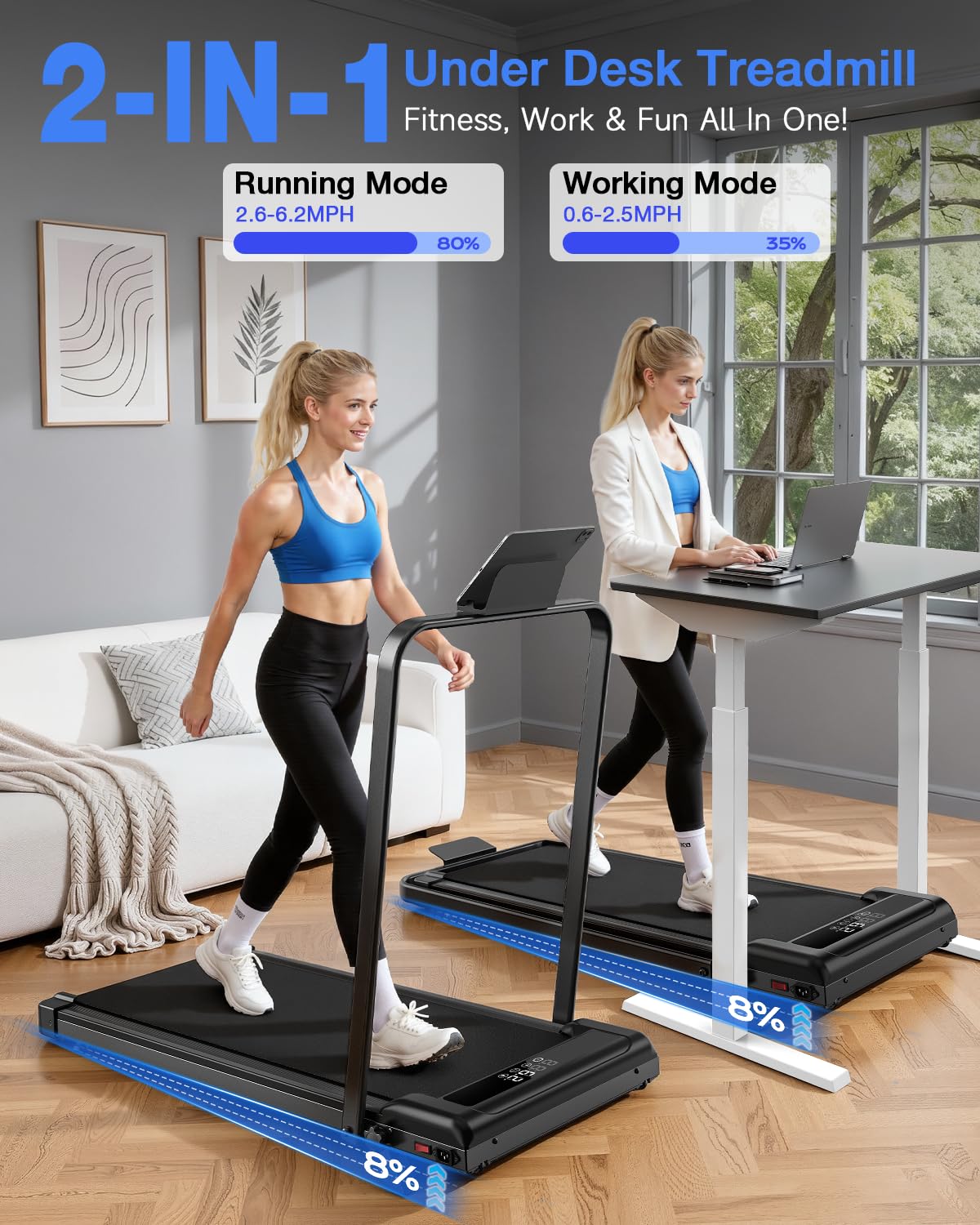 Tapis Roulant Elettrico Salvaspazio 8%, 3 IN 1 Walking Pad Pieghevole, 2.5CV Tapis Roulant Con Inclinazione, Display LED, Carico massimo di 130 kg (Nero intenso)