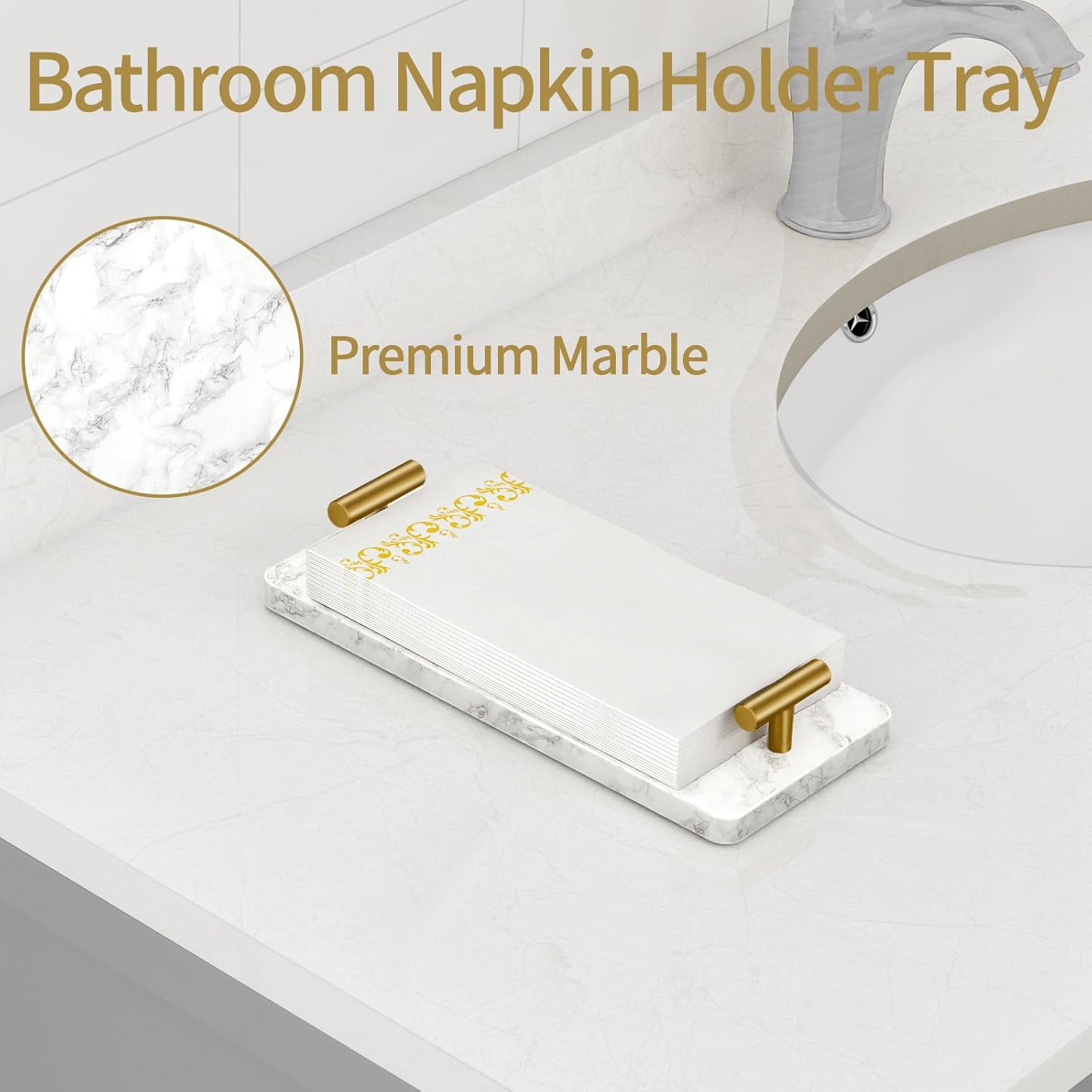 Napkin Holder for Bathroom, Guest Towel Holder Tray for Bathroom, Marble Guest Napkin Holders with Golden T-Handle, Disposable Hand Towel Tray for Guest Room, Table, Kitchen