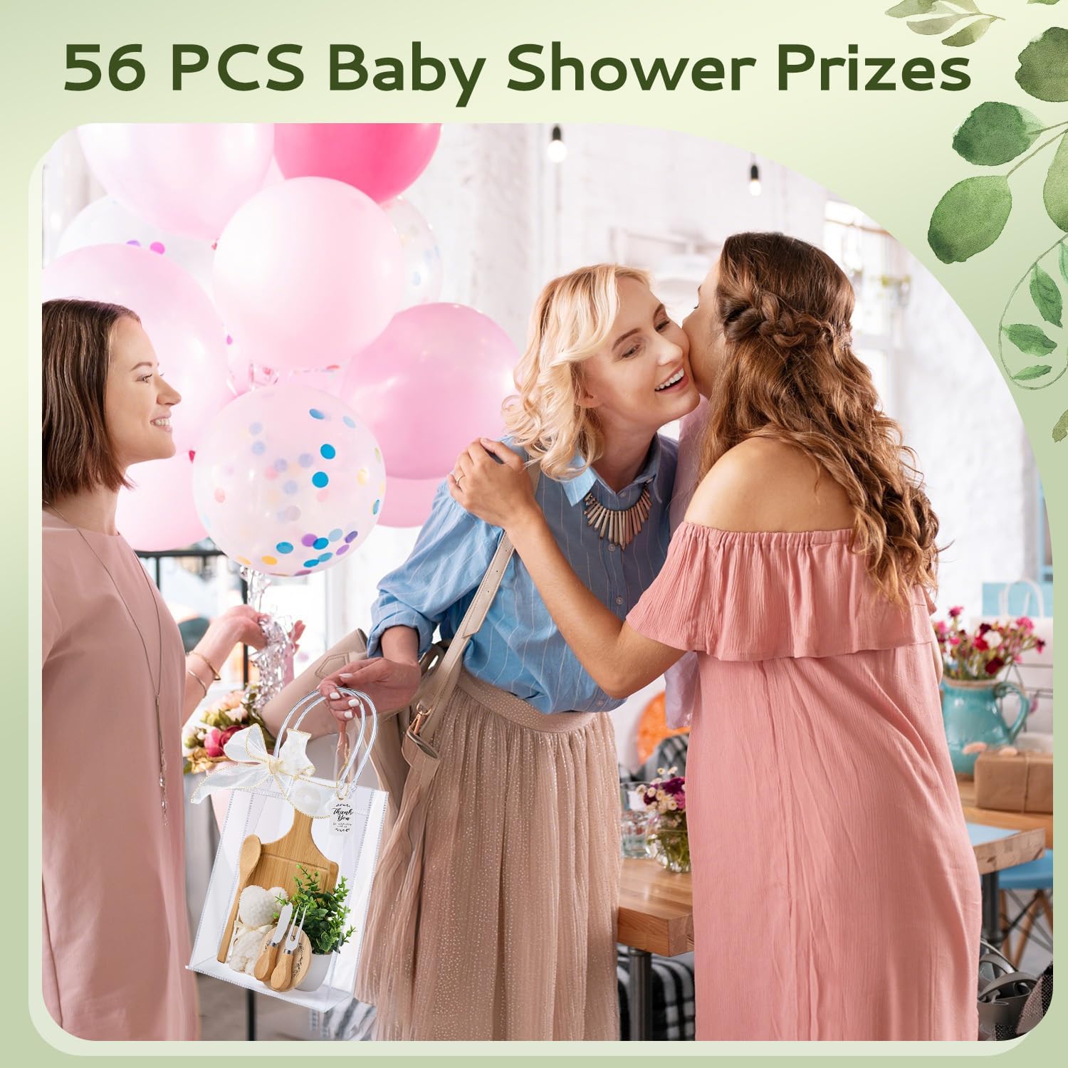 56 Pcs Baby Shower Prizes for Game Winners 6 Sets Bamboo Cheese Board Fork Butter Spreaders Coasters Towel Artificial Potted Plant Thanks Card Gift Bag for Baby Shower Wedding Bridal Shower Favors