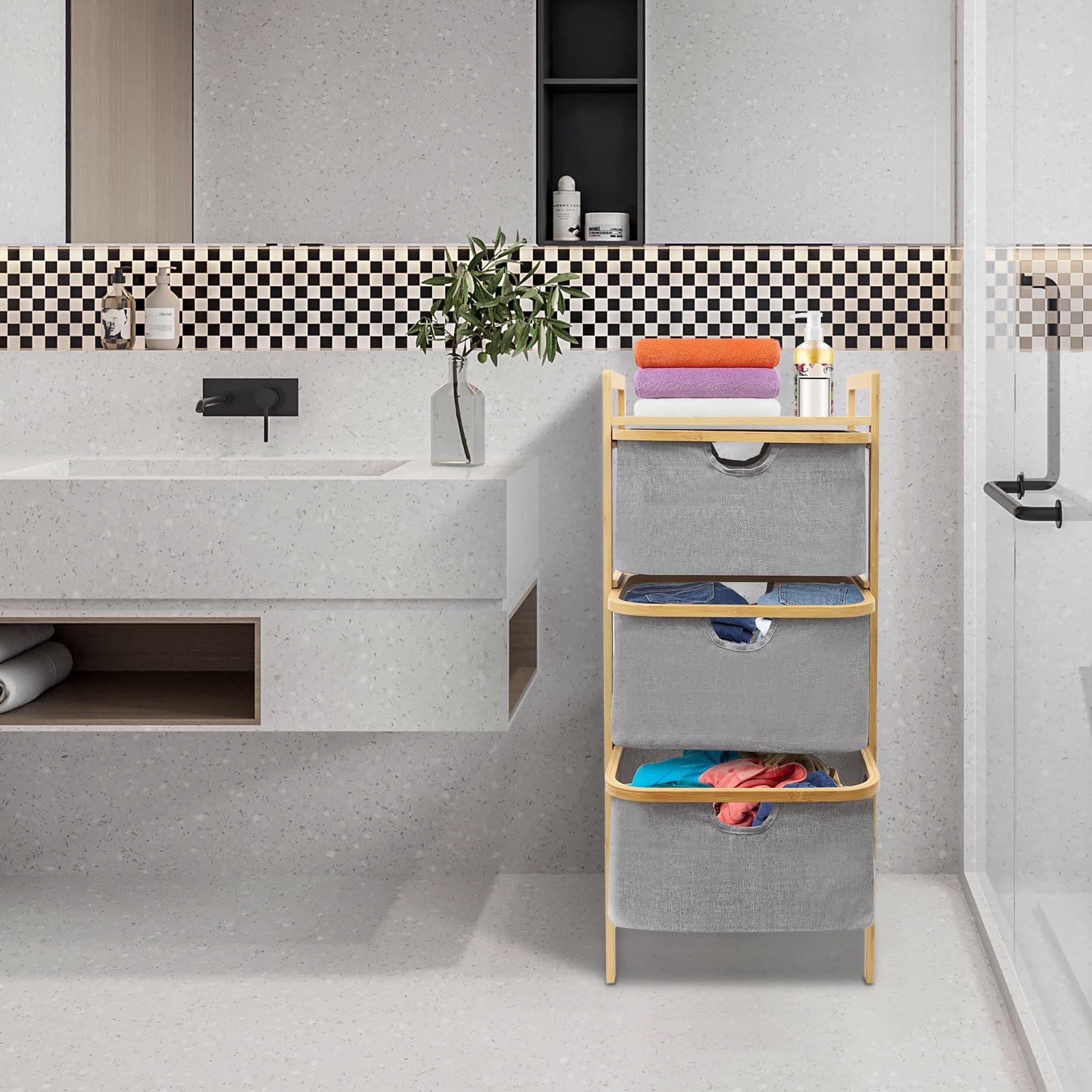 Étagère en bambou - Panier à linge à 3 compartiments - Panier à linge vertical - 44 x 33 x 96 cm - Organiseur de linge avec paniers à linge - Pour salle de bain et chambre à coucher