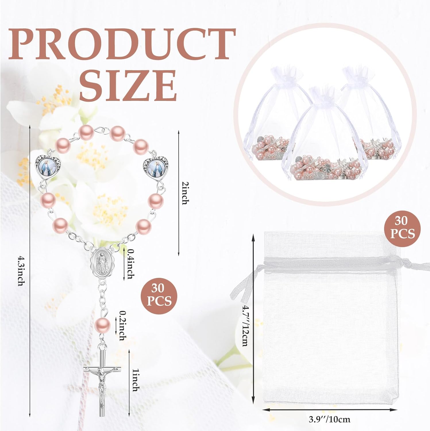 Misdary 30 Sets Baptism Mini Rosary with Organza Bags Faux Pearls Baptism Rosary Favors for Guests Catholic Finger for Christening Weddings Party Favors First Communion Gift(Pink)