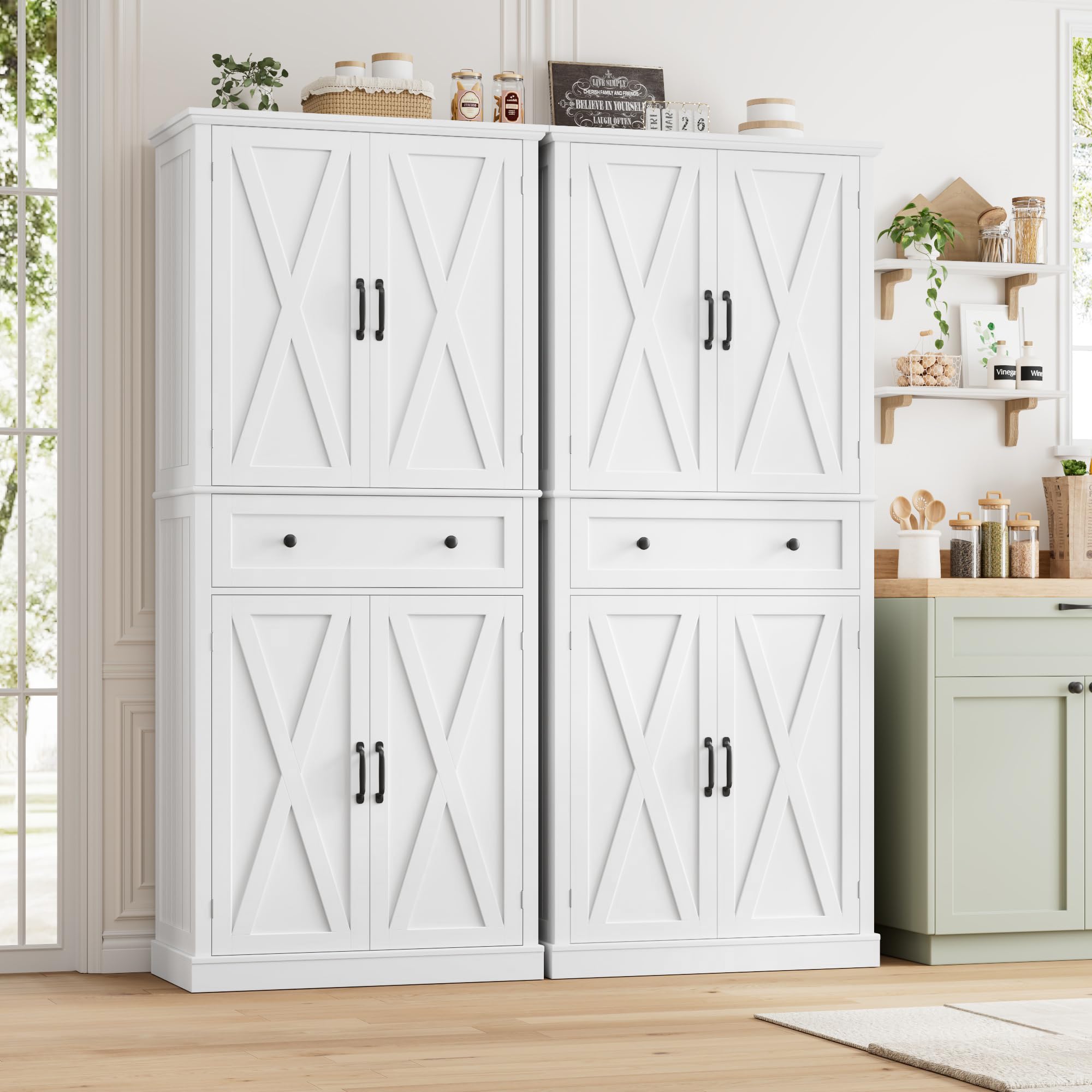 FirFurd Credenza Cucina Alta,Dispensa Cucina con 4 Ante e 1 Cassetti Bianco | Mobile Cucina Dispensa,Antiribaltamento Incluso,Design salvaspazio,Ingombro Ridotto,per Cucina, Soggiorno,78x40x181.5cm