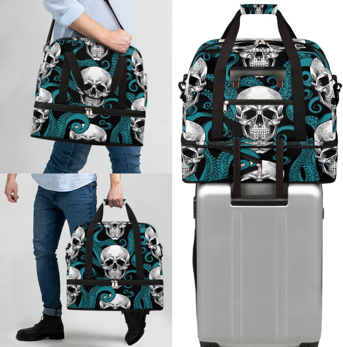 QsirBC Skulls Modern Decor Gym Bag for Women Duffle Tote with Shoes Compartment Men Weekender Duffel for Dance Travel Sports Swimming Overnight
