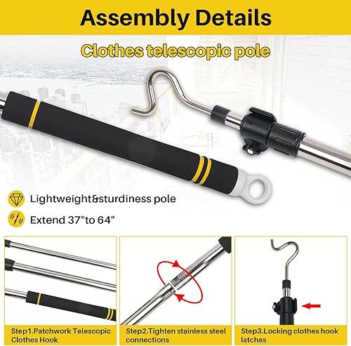 Miniatura 4 de Frebuta Gancho de alcance para colgar ropa, ajuste telescópico, es ligero y se puede extender de 38 a 63 pulgadas con gancho y mango de esponja de